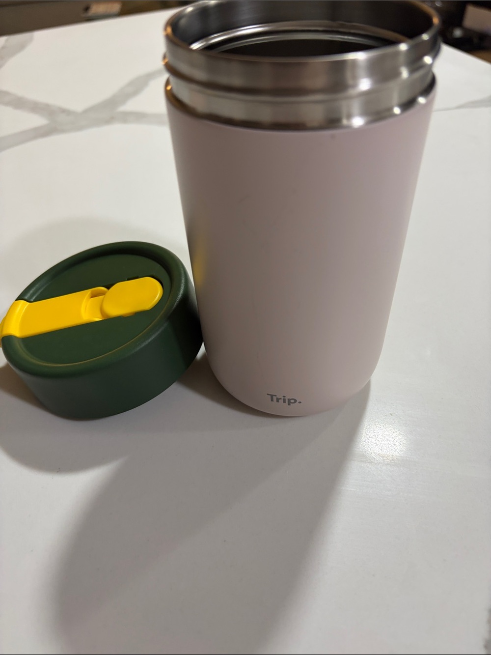 Pink Stainless Steel Travel Tumbler with Green & Yellow Lid